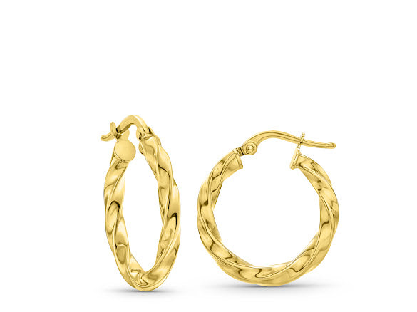 זוג עגילי חישוקים איטלקיים מסולסלים מזהב צהוב 14 קראט עם חריטות יהלום