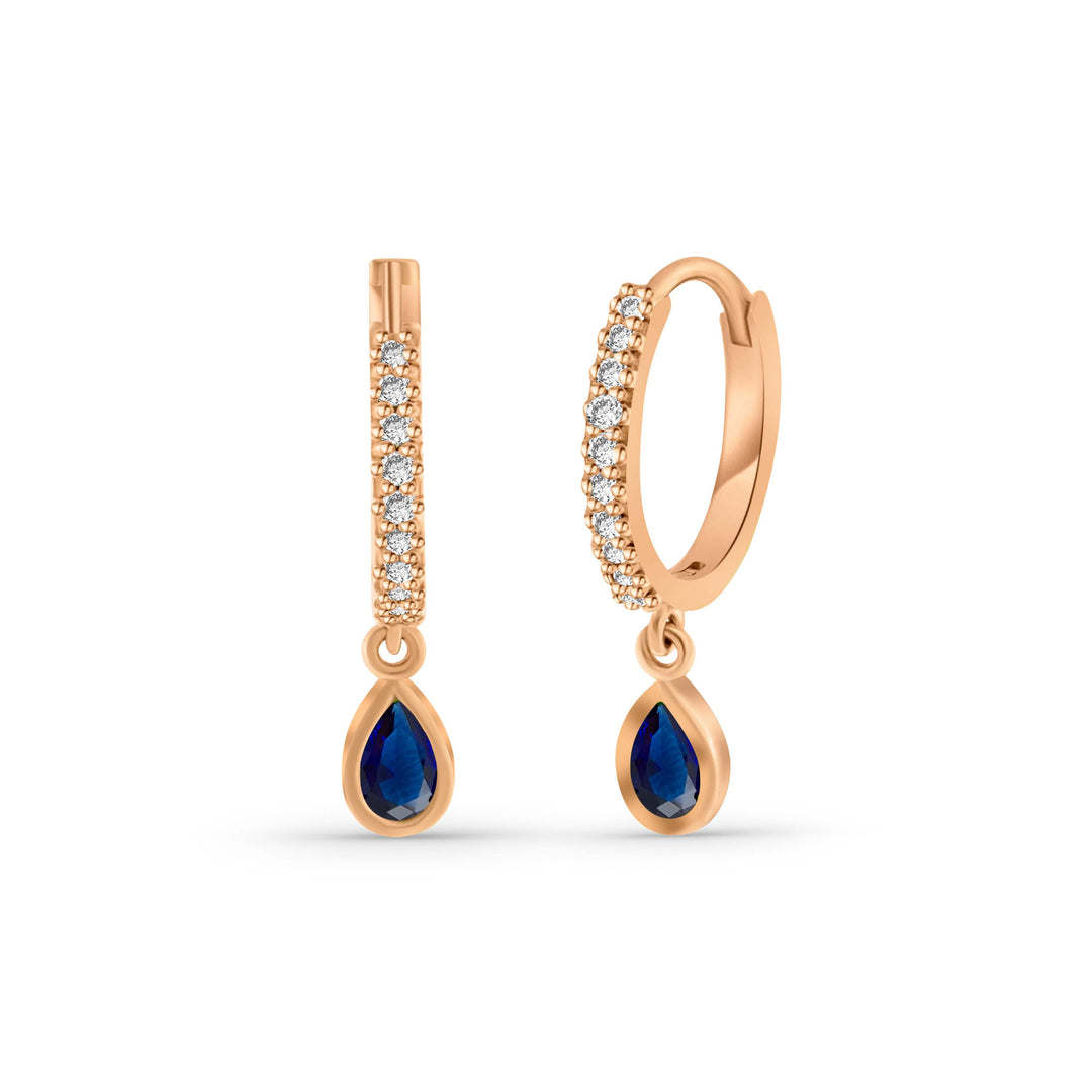 זוג עגילי חישוקים מזהב 14 קראט משובצים באבני ספיר ויהלומים