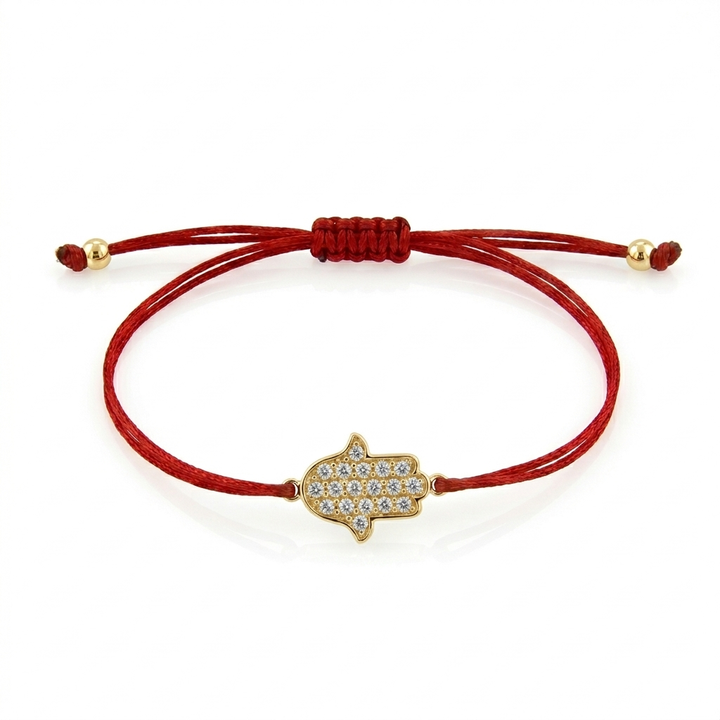 צמיד חמסה משובץ יהלומים עם זהב 14 קראט וחוט אדום