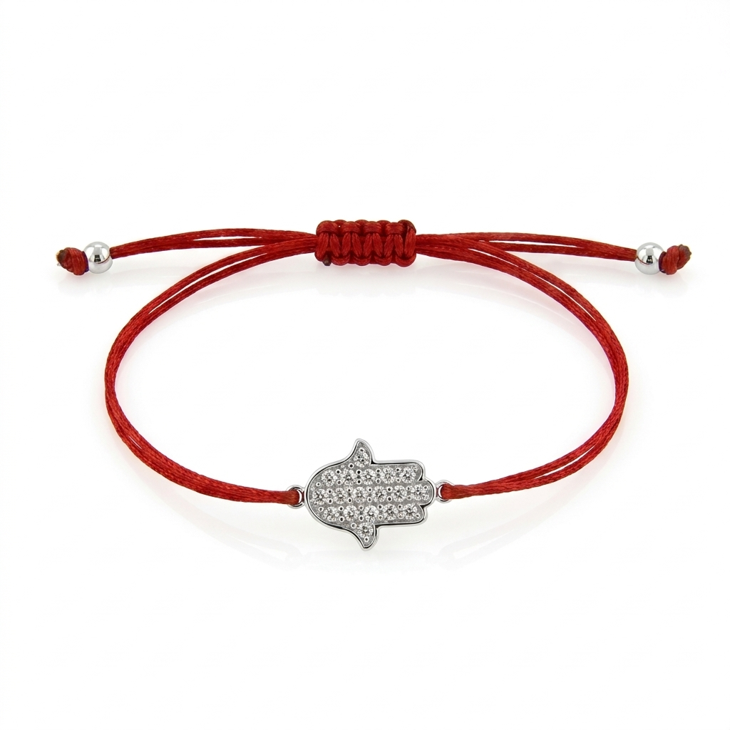 צמיד חמסה משובץ יהלומים עם זהב 14 קראט וחוט אדום