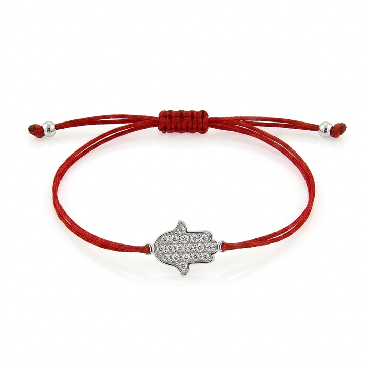 צמיד חמסה משובץ יהלומים עם זהב 14 קראט וחוט אדום