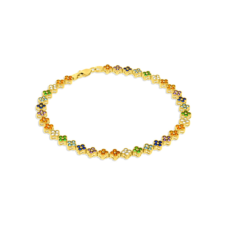 צמיד טניס פרחים מזהב צהוב 14 קראט משובץ אבנים צבעוניות