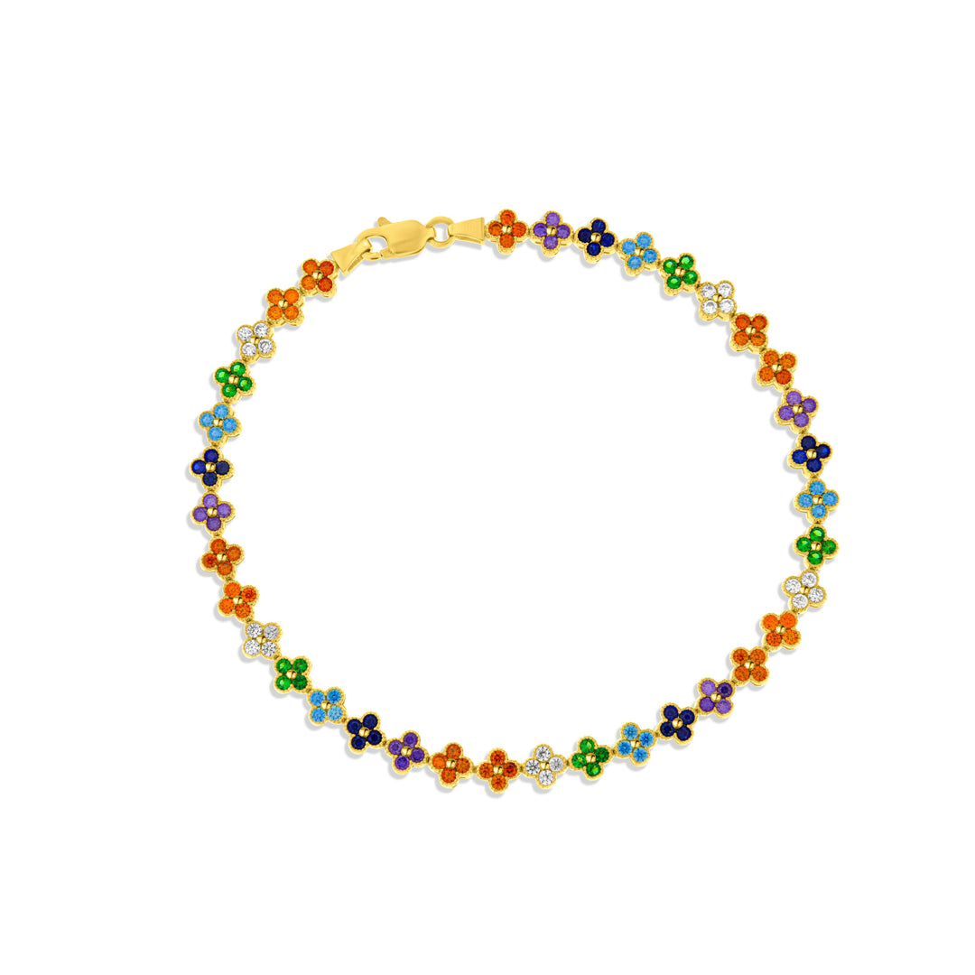 צמיד טניס פרחים מזהב צהוב 14 קראט משובץ אבנים צבעוניות