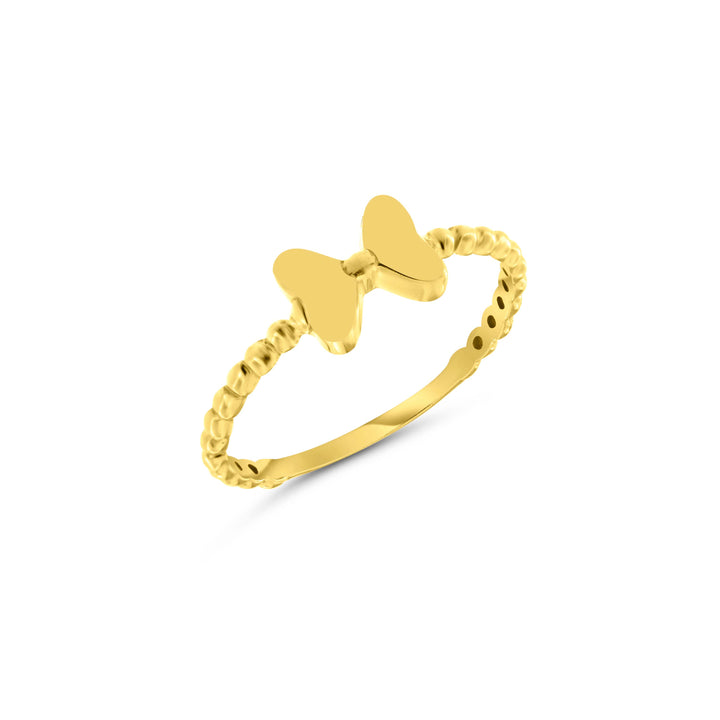 טבעת כדורים מזהב צהוב 14 קראט בעיצוב פפיון מבריק