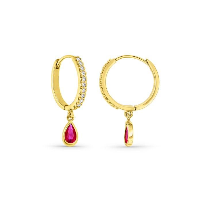 זוג עגילי חישוקים מזהב 14 קראט משובצים רובי ויהלומים