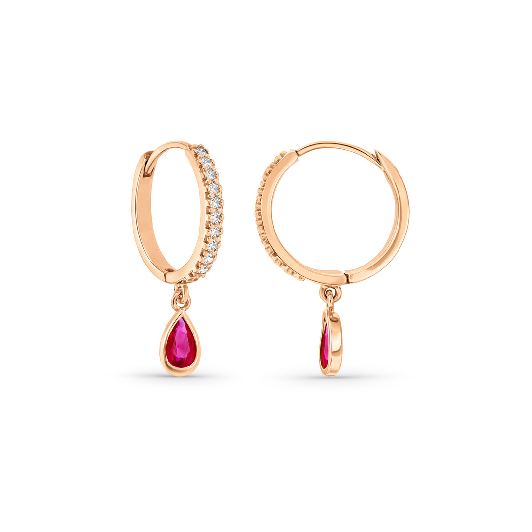 זוג עגילי חישוקים מזהב 14 קראט משובצים רובי ויהלומים