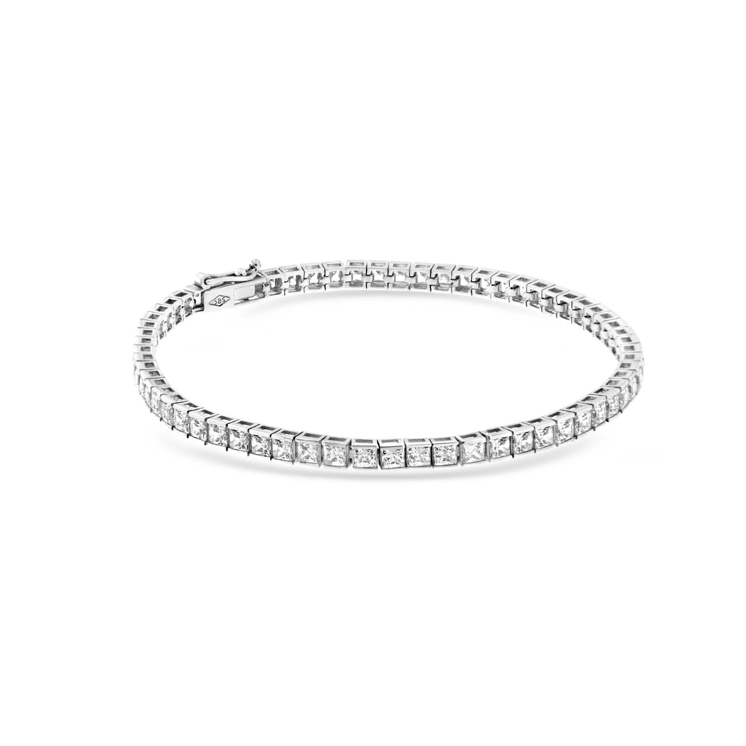 צמיד טניס מזהב לבן 14 קראט משובץ אבנים מרובעות