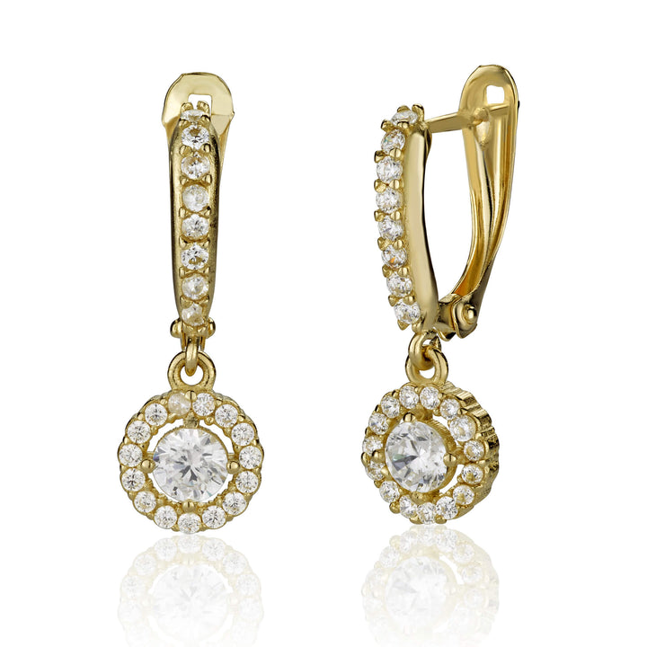 זוג עגילים תלויים מזהב 14 קראט עגולים עם שיבוץ אבנים