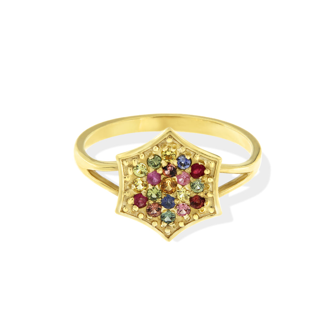 טבעת מזהב 14 קראט בעיצוב כוכב משובצת באבני ספיר צבעוניות
